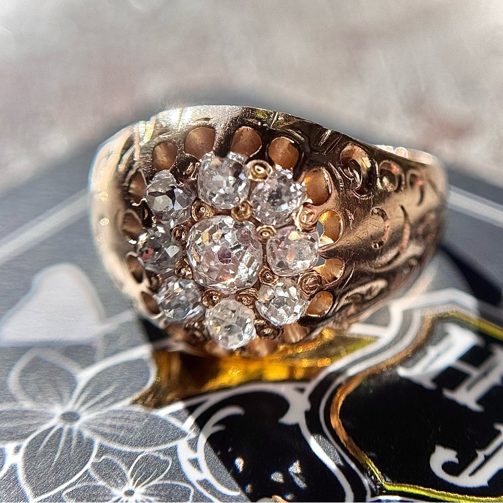 Antique Victorian Old Mine Cut Diamond Cluster Ring 14k Yellow Gold